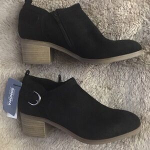 Women's Black Ankle Booties with Tan Heel